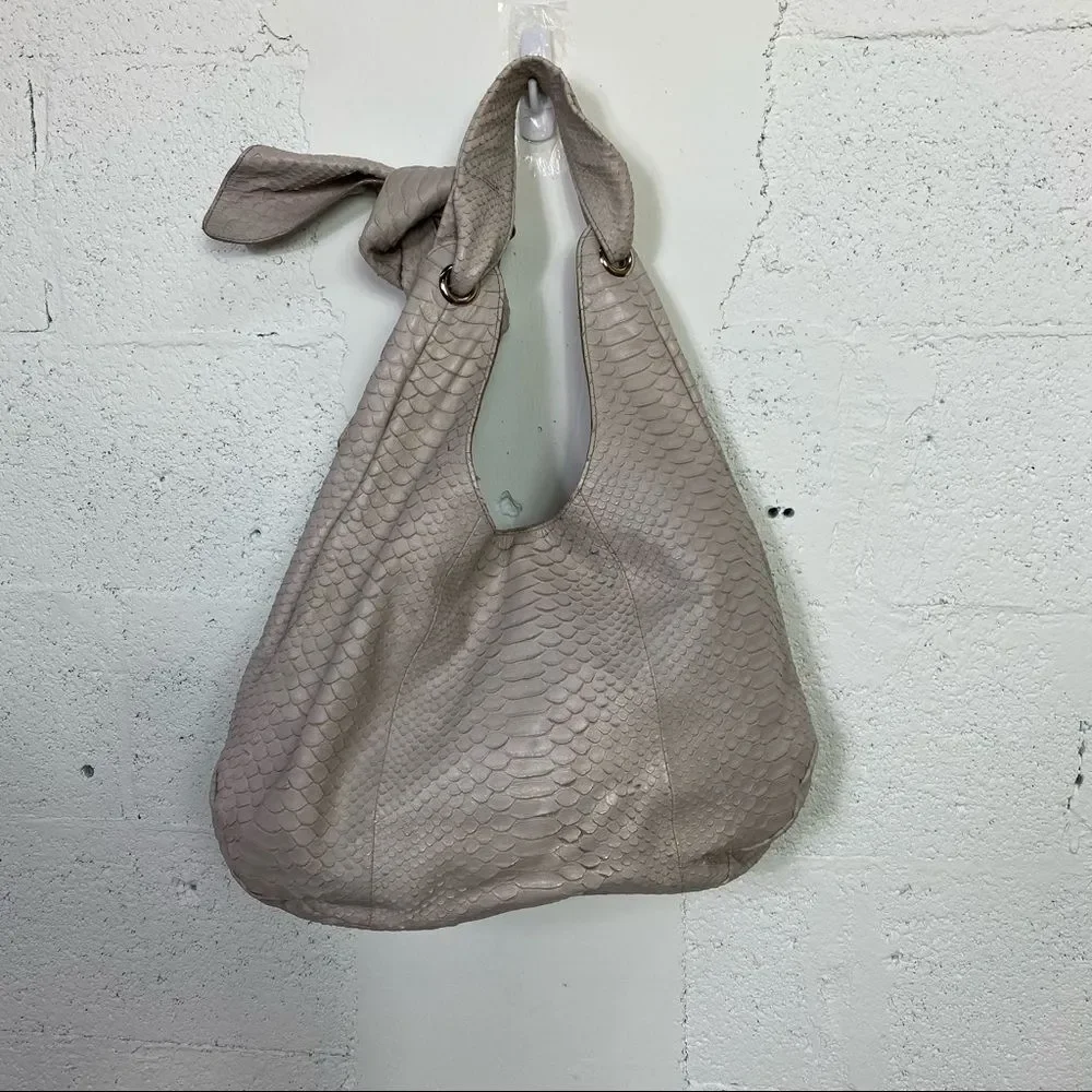 Furla logo light gray croc embossed genuine leather ribbon hobo shoulder bag